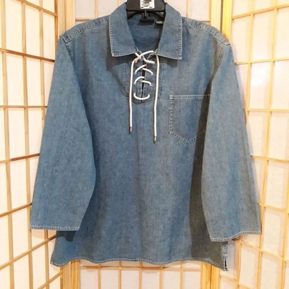 Lizwear Liz Claiborne Blue Tie Neck Denim Blouse Top